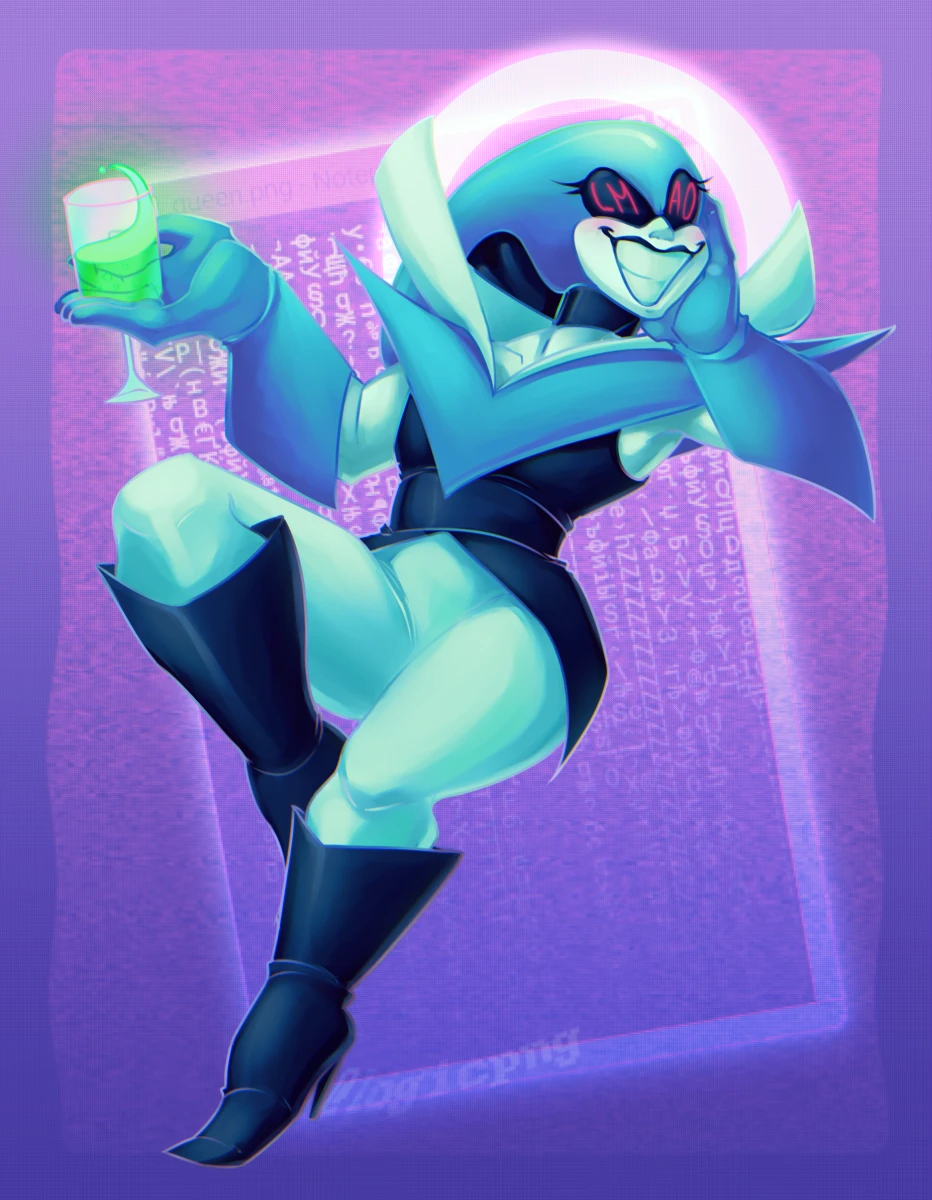 Digital illustration of Queen from Deltarune Chapter 2, holding up a glass of battery acid